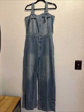 Light Wash Denim Jumpsuit Overalls - Casual Wide Leg